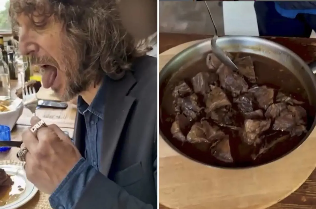 Giuseppe Cruciani orders and eats bear meat at the restaurant the